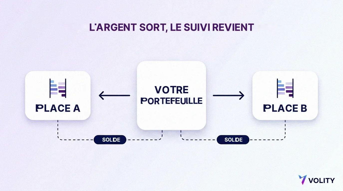 Schéma en étoile montrant le financement qui quitte un portefeuille central vers deux cartes de plateformes externes et les soldes suivis en retour vers le portefeuille