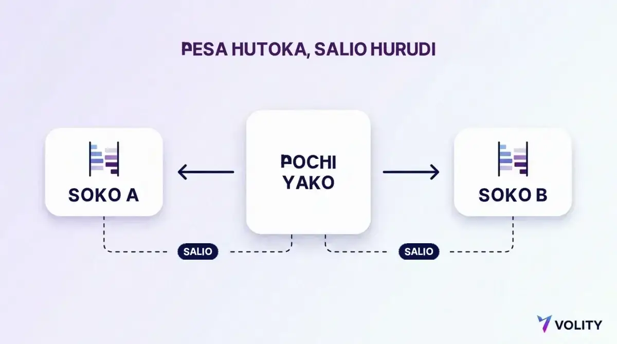 Mchoro wa kitovu na matawi ukionyesha ufadhili ukitoka pochi kuu kwenda kadi mbili za majukwaa ya nje na salio zikifuatiliwa kurudi kwenye pochi