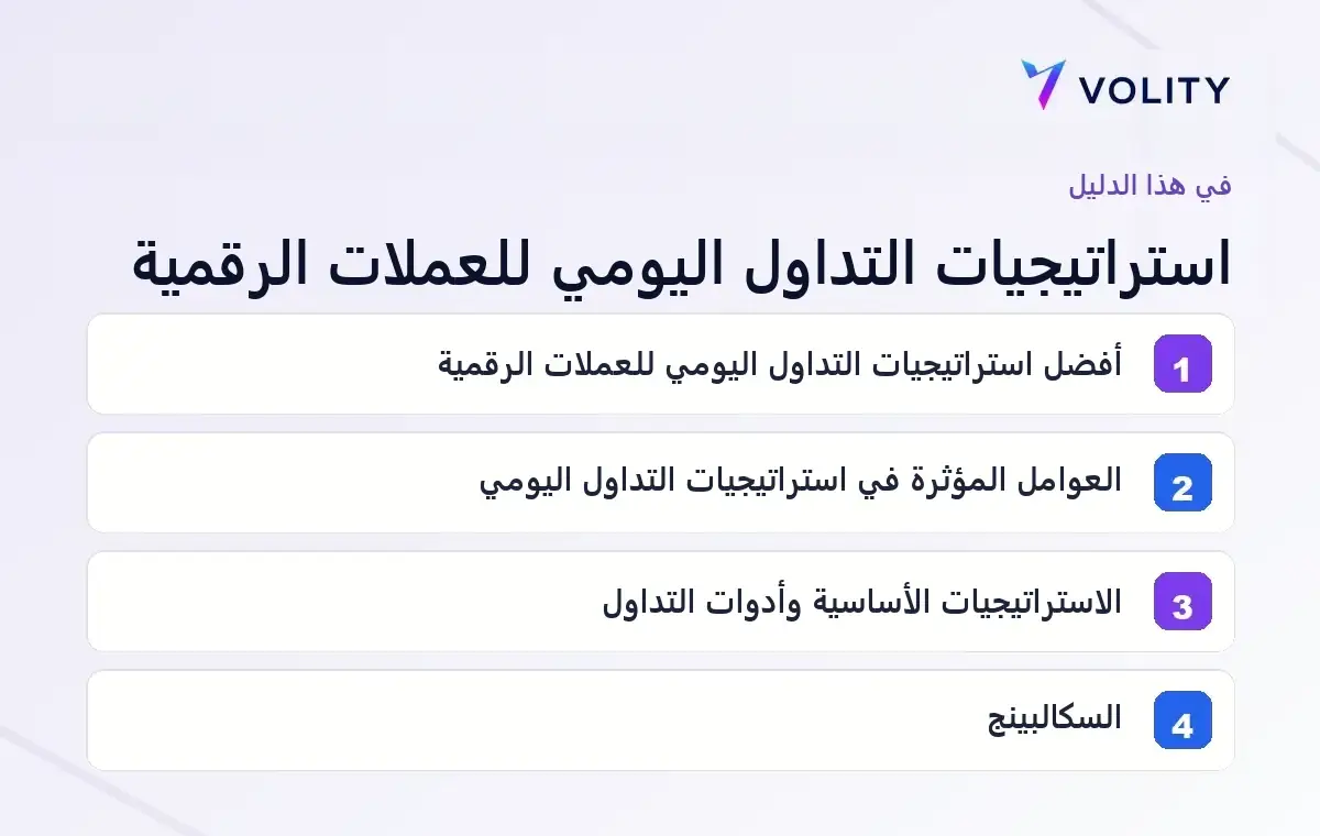 الأقسام الرئيسية في دليل Volity حول استراتيجيات التداول اليومي للعملات الرقمية