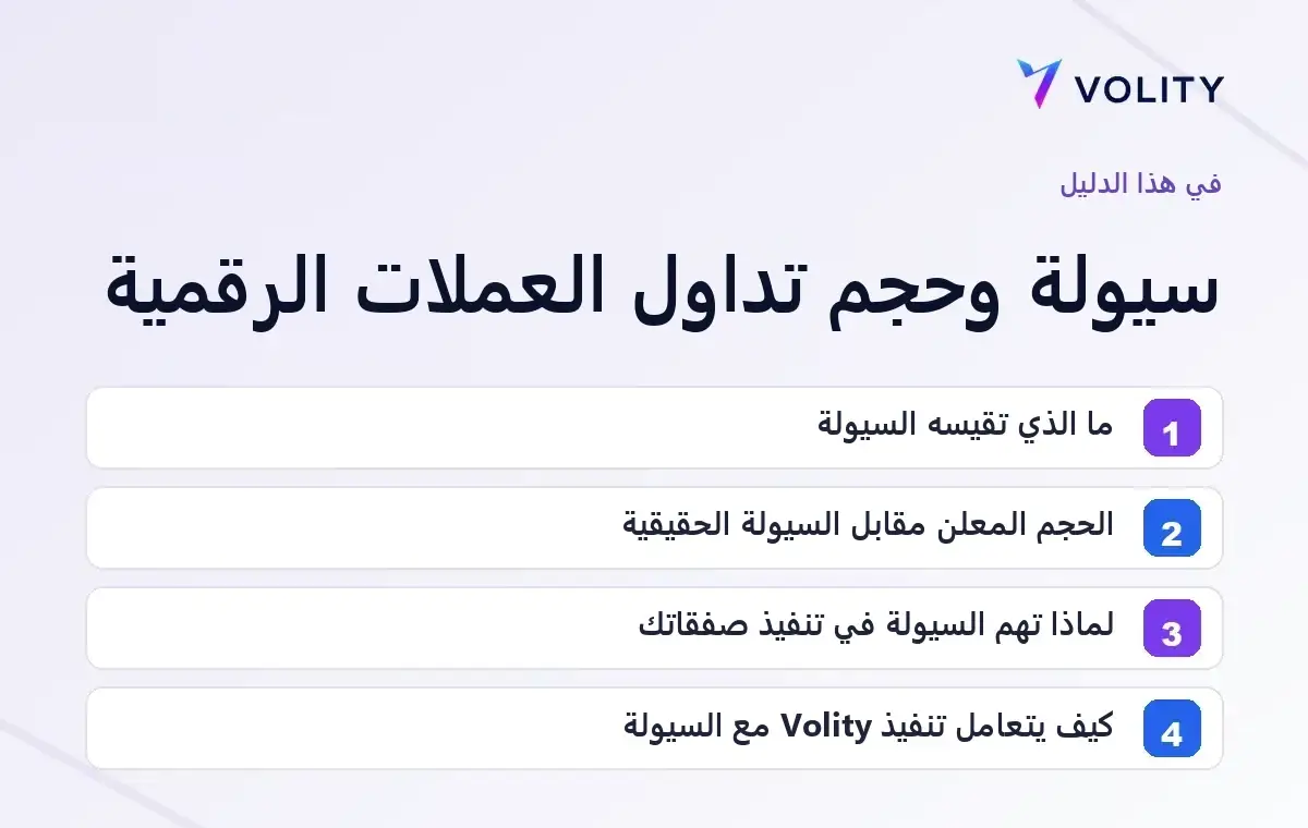 الأقسام الرئيسية في دليل Volity حول سيولة وحجم تداول العملات الرقمية