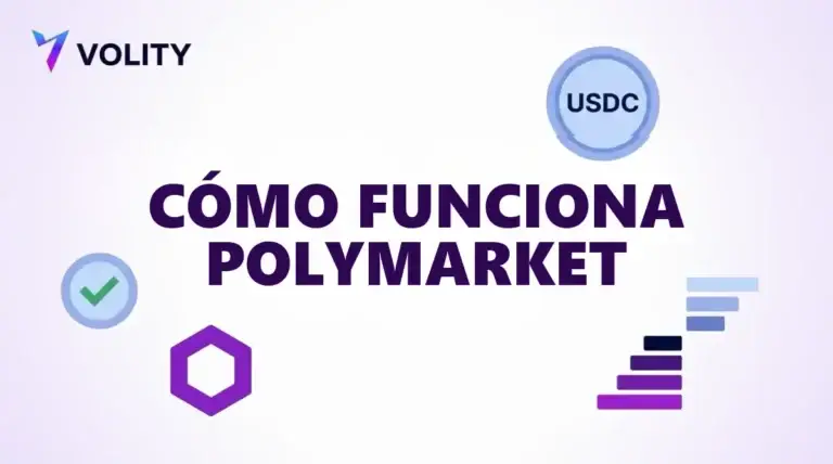 Portada con el titular Como funciona Polymarket sobre fondo lavanda con una moneda USDC, un hexagono de Polygon y un grafico de barras