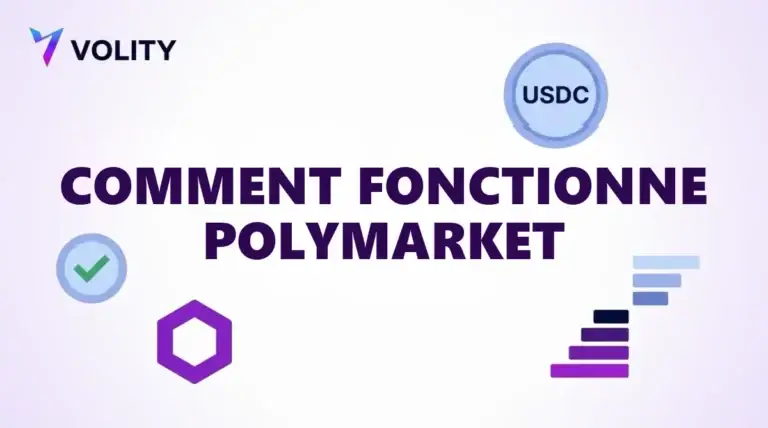 Titre Comment fonctionne Polymarket sur fond lavande avec le logo Volity, un jeton USDC et un hexagone Polygon