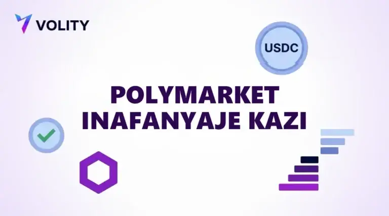 Kadi ya kichwa ya Volity yenye maandishi POLYMARKET INAFANYAJE KAZI, sarafu ya USDC, heksagoni ya Polygon na chati
