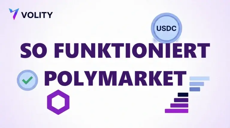 Volity Titelkarte mit dem Text so funktioniert Polymarket, dazu eine USDC-Münze, ein violettes Sechseck, ein Häkchen und eine Balkenleiter