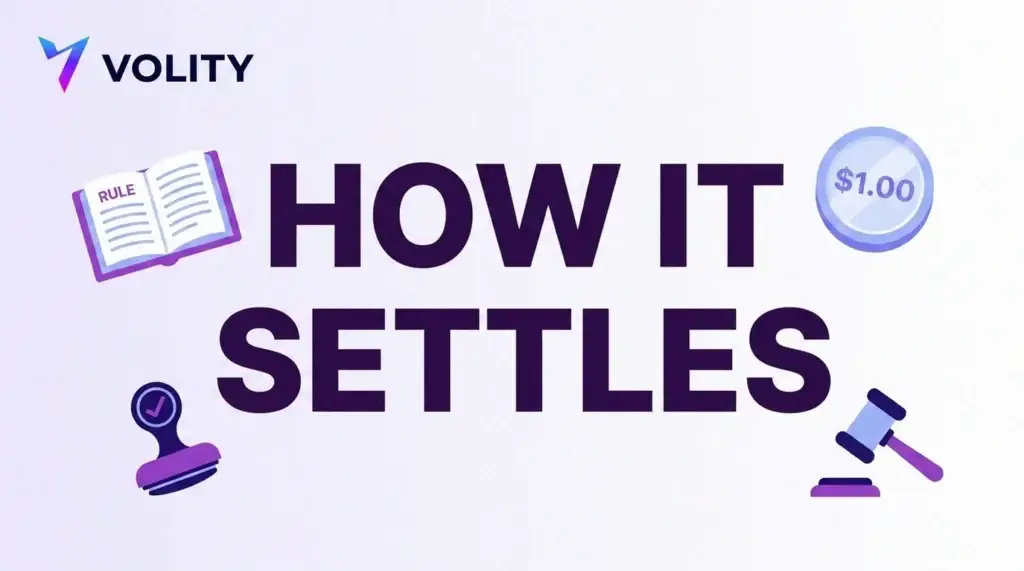Volity title card reading how it settles with a rulebook, an approval stamp, a 1.00 dollar coin and a gavel