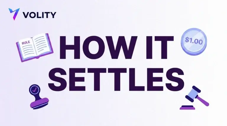 Volity title card reading how it settles with a rulebook, an approval stamp, a 1.00 dollar coin and a gavel