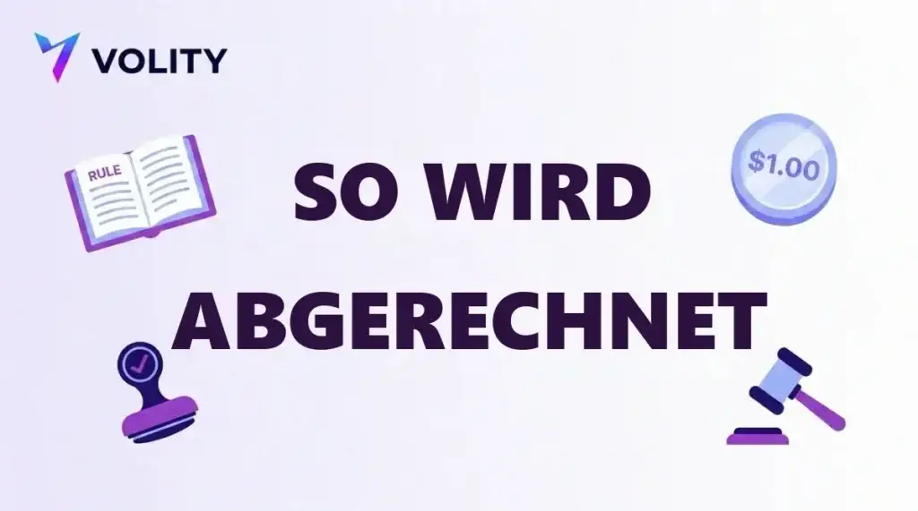Titelkarte mit dem Volity-Logo, der Schlagzeile So wird abgerechnet, einem Regelbuch, einer 1,00-Dollar-Münze, einem Stempel und einem Richterhammer