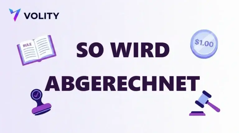Titelkarte mit dem Volity-Logo, der Schlagzeile So wird abgerechnet, einem Regelbuch, einer 1,00-Dollar-Münze, einem Stempel und einem Richterhammer