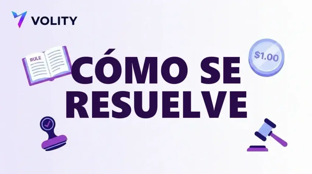 Portada: cómo se resuelven los mercados de predicción, con libro de reglas, moneda de 1,00 dólar, sello y mazo