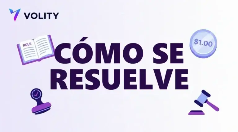 Portada: cómo se resuelven los mercados de predicción, con libro de reglas, moneda de 1,00 dólar, sello y mazo