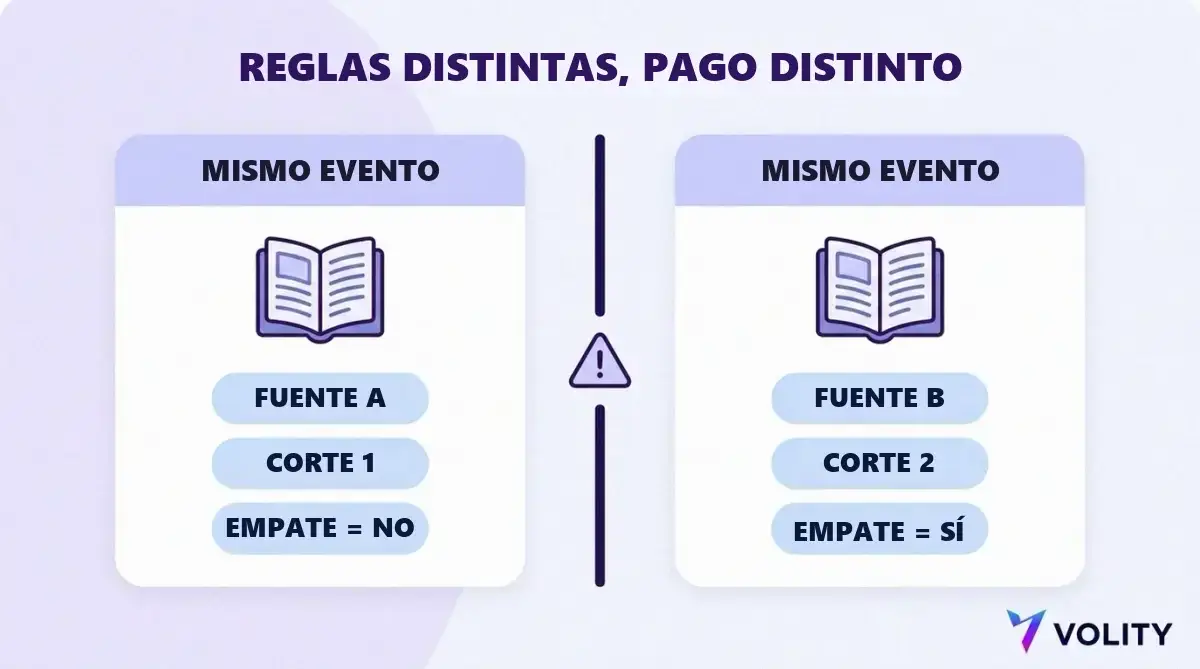 Dos fichas de reglas sobre el mismo acontecimiento con fuentes de resolución distintas, fechas de corte distintas y tratamiento opuesto de un empate
