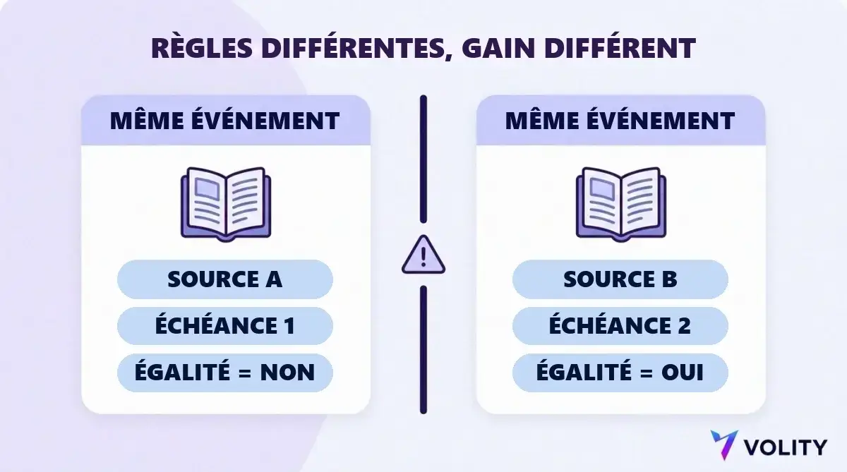 Deux fiches de règles sur le même événement montrant des sources de résolution différentes, des dates butoir différentes et un traitement opposé de l'égalité