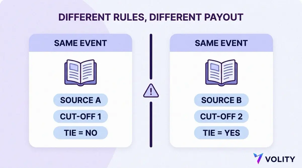 Two rulebook cards on the same event showing different resolution sources, different cut-off dates and opposite treatment of a tie