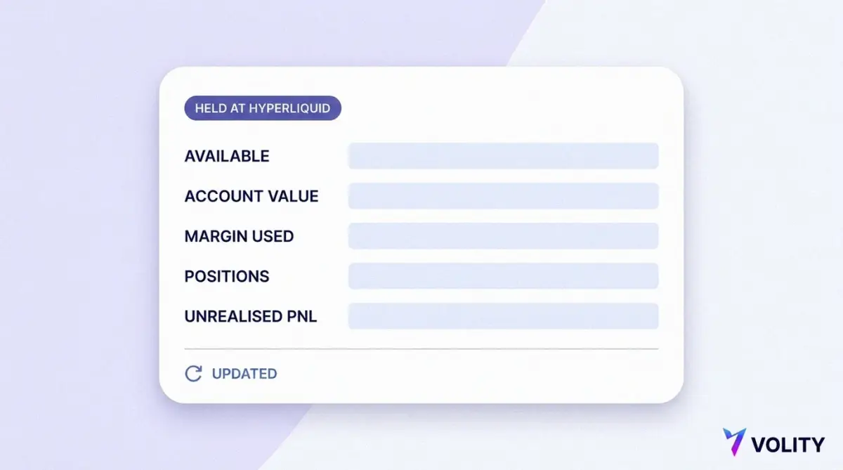 Dashboard card labelled held at Hyperliquid with rows for available balance, account value, margin used, open positions and unrealised profit and loss