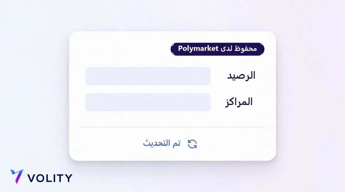 بطاقة لوحة تحكم مكتوب عليها محفوظ لدى Polymarket تعرض صفي الرصيد والمراكز مع مؤشر تحديث