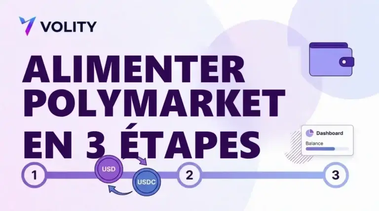 Carte titre Volity indiquant alimenter Polymarket en 3 etapes, avec un portefeuille, un rail numerote un deux trois et une fleche USD vers USDC