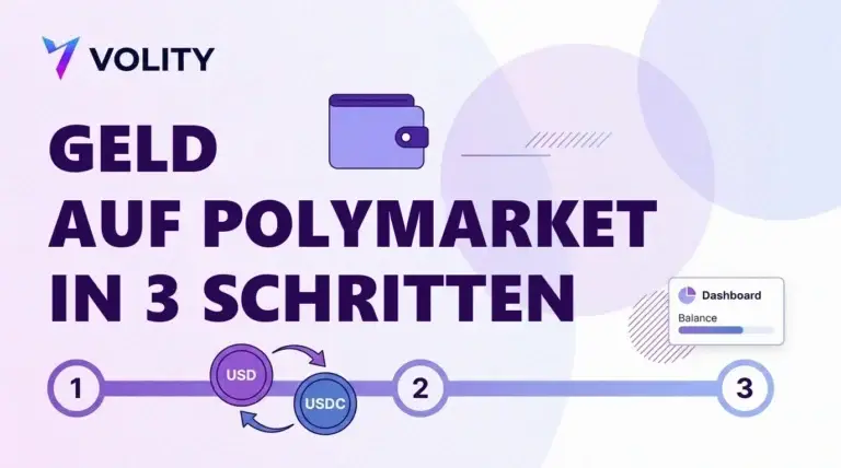 Titelkarte mit Wallet-Symbol, USD-zu-USDC-Münzen und einer Zeitleiste mit drei Schritten