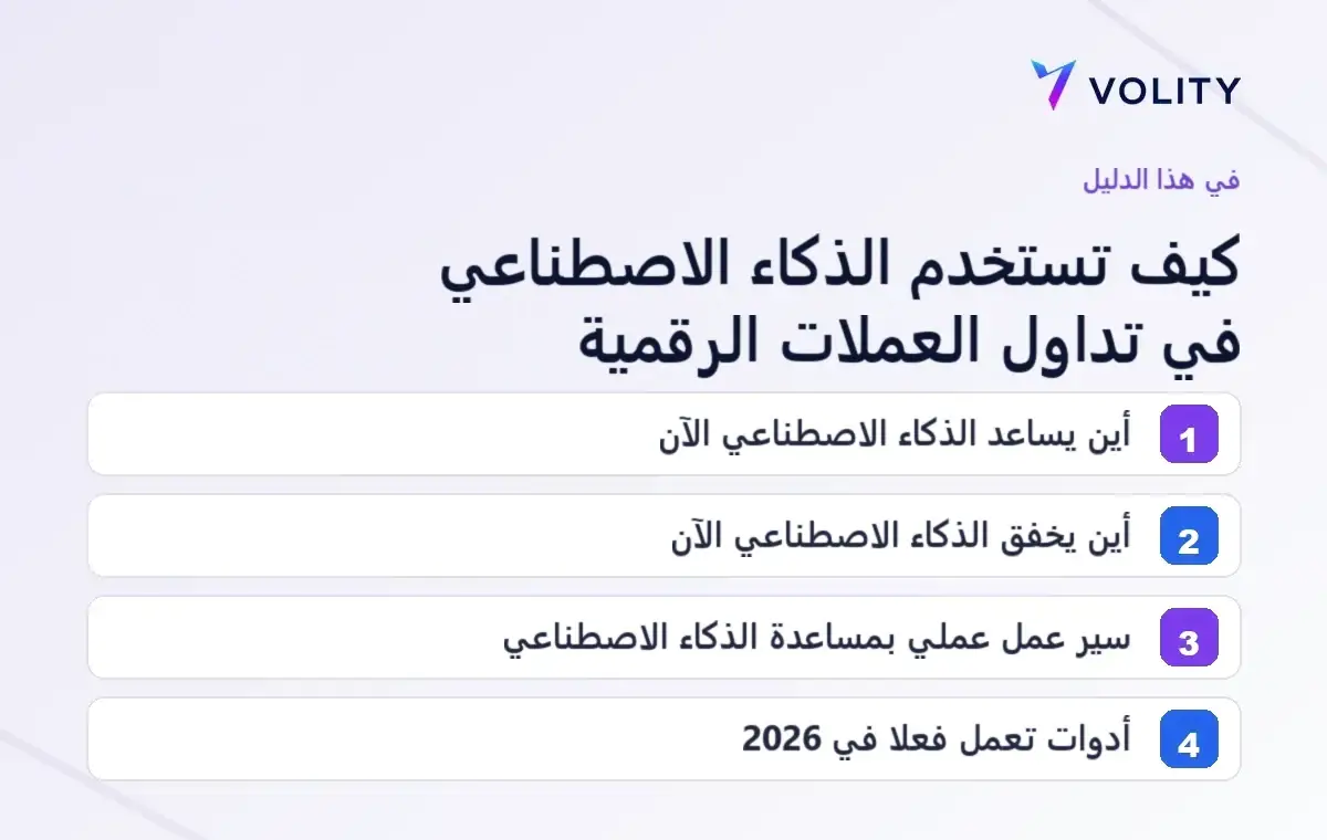 الأقسام الرئيسية في دليل Volity حول استخدام الذكاء الاصطناعي في تداول العملات الرقمية