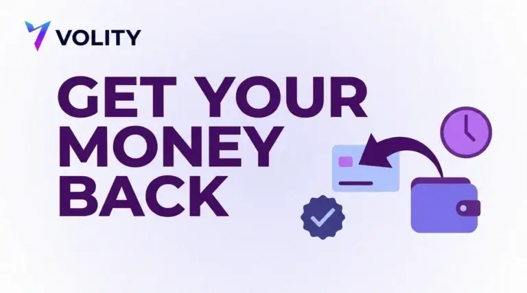 Volity title card reading get your money back with a return arrow from a platform card into a wallet, a settled tick and a clock