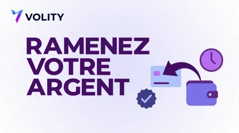 Carte de couverture Volity : RAMENEZ VOTRE ARGENT, avec une carte bancaire, une flèche de retour, un portefeuille et une horloge