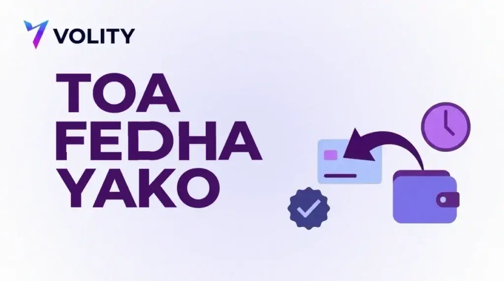 Kadi ya jina yenye maandishi TOA FEDHA YAKO na alama za kadi, pochi na saa
