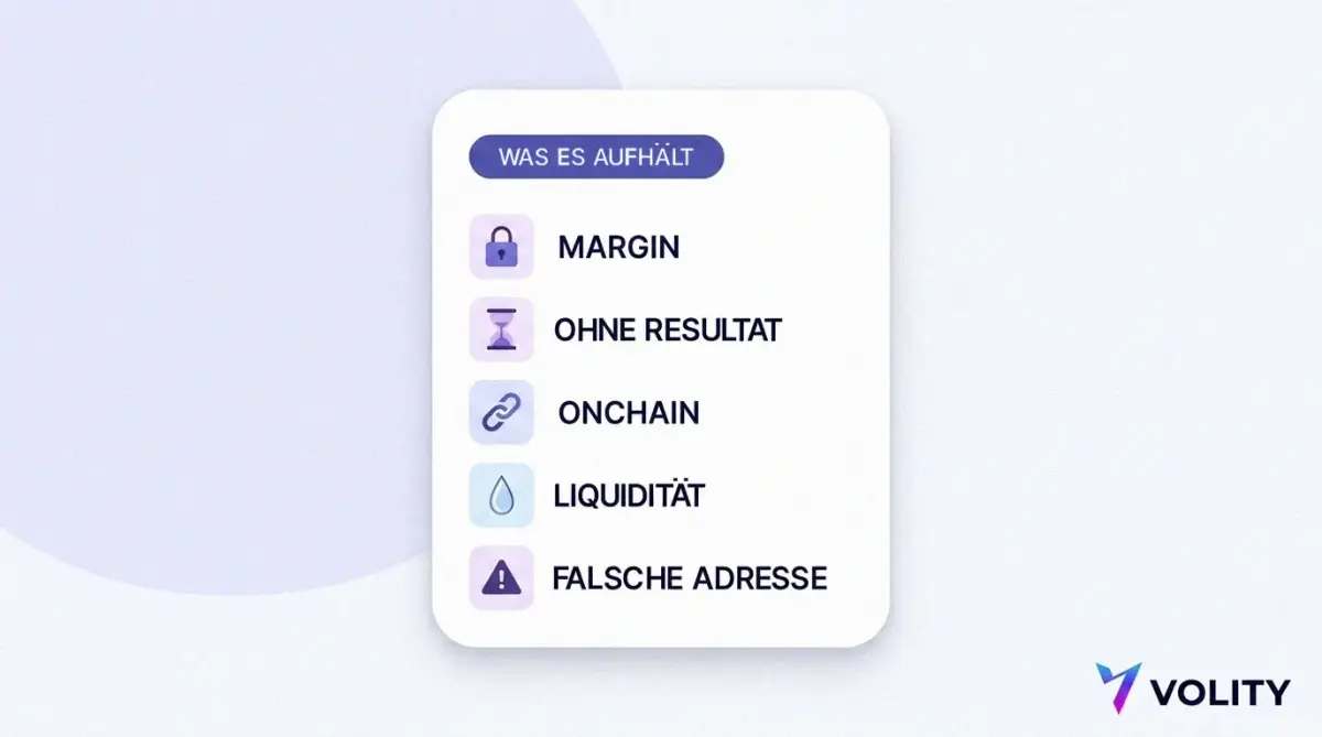 Checkliste mit den Gründen, die eine Auszahlung verzögern können: gebundene Margin, ein Markt ohne Resultat, die Bestätigung on-chain, dünne Liquidität und eine falsche Adresse