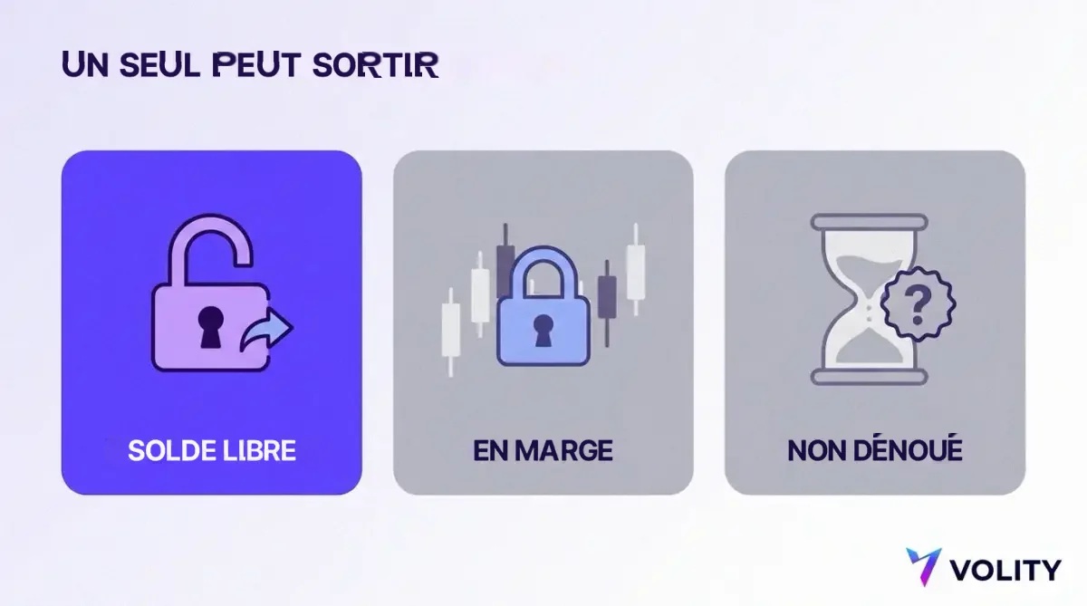 Schéma des trois états de l'argent chez une place de trading : solde libre prêt à être retiré, collatéral bloqué par une position ouverte et contrat sur événement non dénoué
