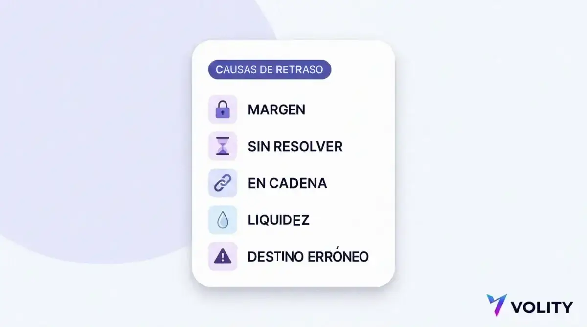 Tarjeta de comprobación con lo que puede retrasar un retiro: margen comprometido, un mercado sin resolver, la confirmación en cadena, poca liquidez y una dirección de destino equivocada