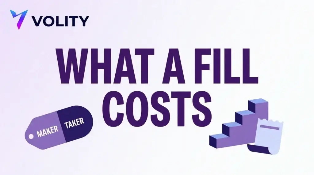 Volity title card reading what a fill costs with a maker and taker split tag, a rising tier staircase and a receipt