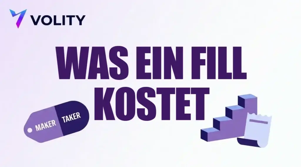 Volity Titelkarte mit der Überschrift was ein Fill kostet, einem Maker-Taker-Anhänger, einer aufsteigenden Stufentreppe und einem Kassenbon