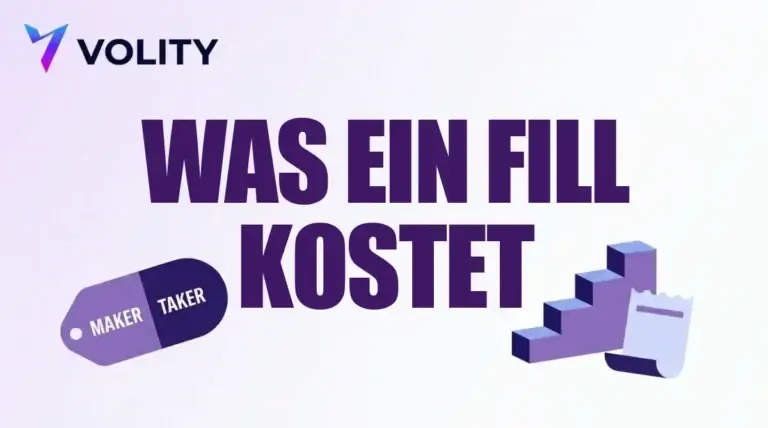 Volity Titelkarte mit der Überschrift was ein Fill kostet, einem Maker-Taker-Anhänger, einer aufsteigenden Stufentreppe und einem Kassenbon