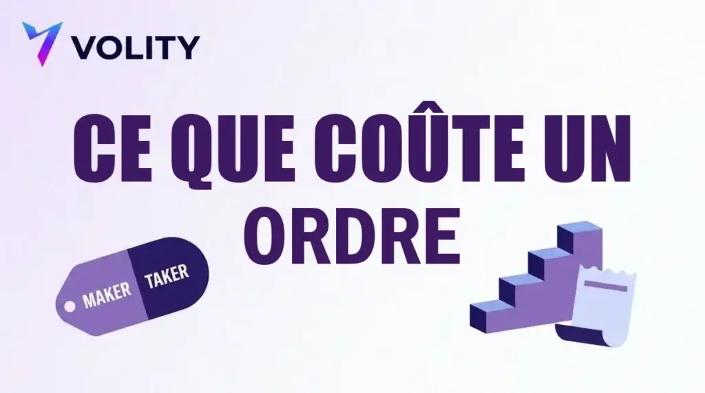 Carte titrée Volity indiquant ce que coûte un ordre, avec une étiquette maker taker, un escalier et un ticket de frais