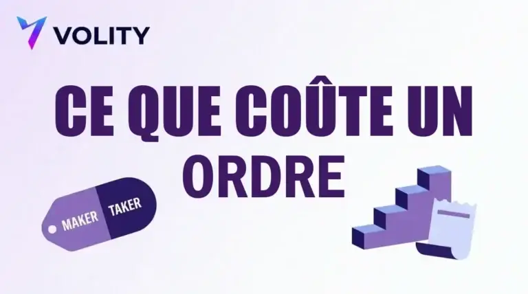 Carte titrée Volity indiquant ce que coûte un ordre, avec une étiquette maker taker, un escalier et un ticket de frais