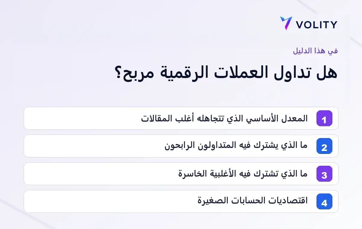 الأقسام الرئيسية في دليل Volity حول ربحية تداول العملات الرقمية