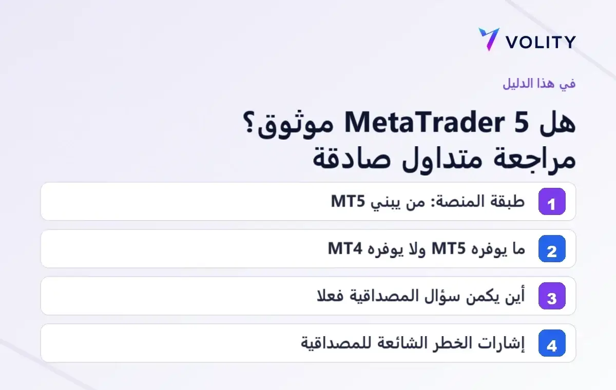 الأقسام الرئيسية في دليل Volity حول مصداقية منصة MetaTrader 5