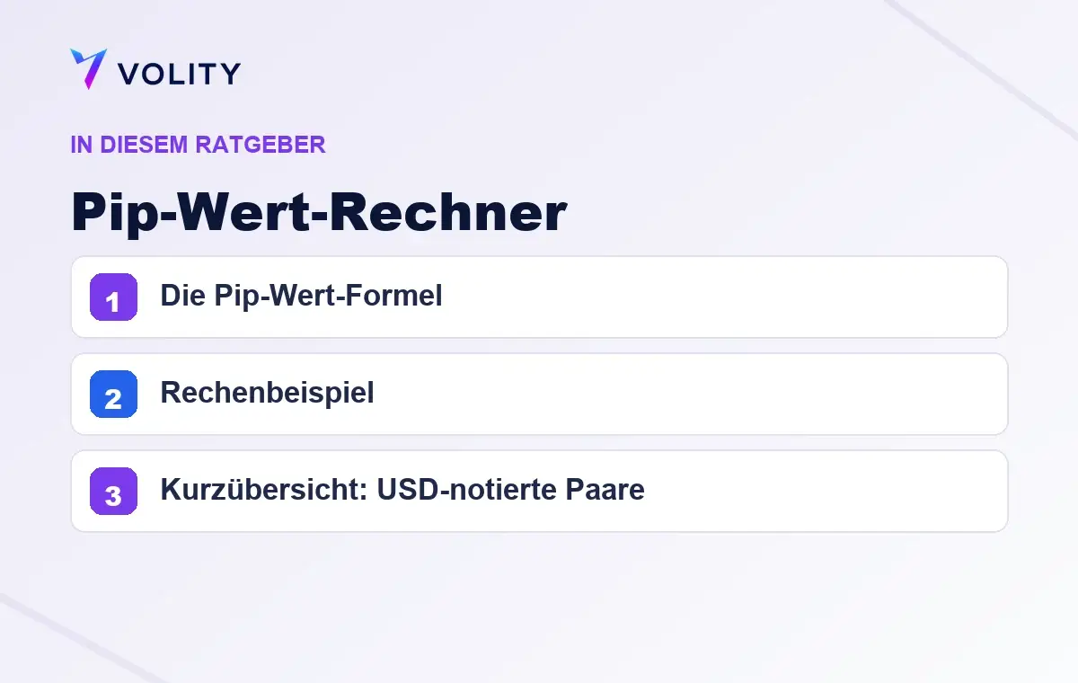 Wichtige Abschnitte in diesem Volity-Ratgeber zu Pip-Wert-Rechner
