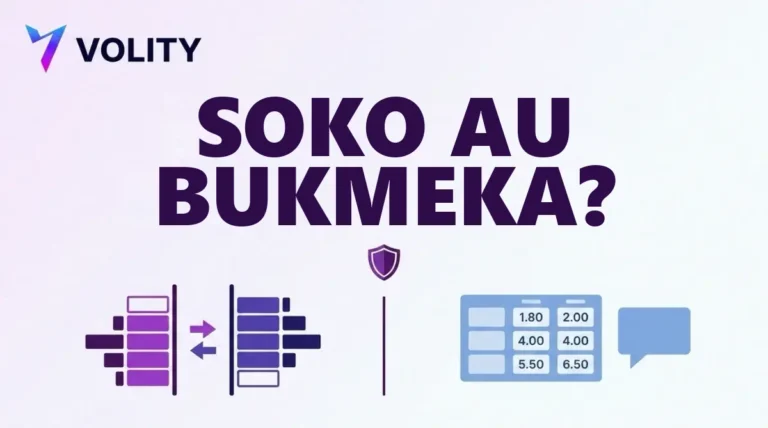 Kadi ya Volity yenye maneno soko au bukmeka, order book ya pande mbili upande mmoja, ubao wa odds za desimali upande mwingine na ngao katikati