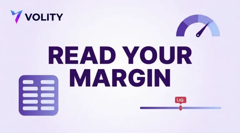 Volity title card reading read your margin with a five row position panel, a health gauge and a red liquidation marker on a price rail