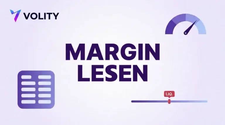 Titelkarte mit dem Volity-Logo, der Ueberschrift MARGIN LESEN, einem Indikator fuer die Margin-Gesundheit und einer Preisschiene mit Liquidationsmarke