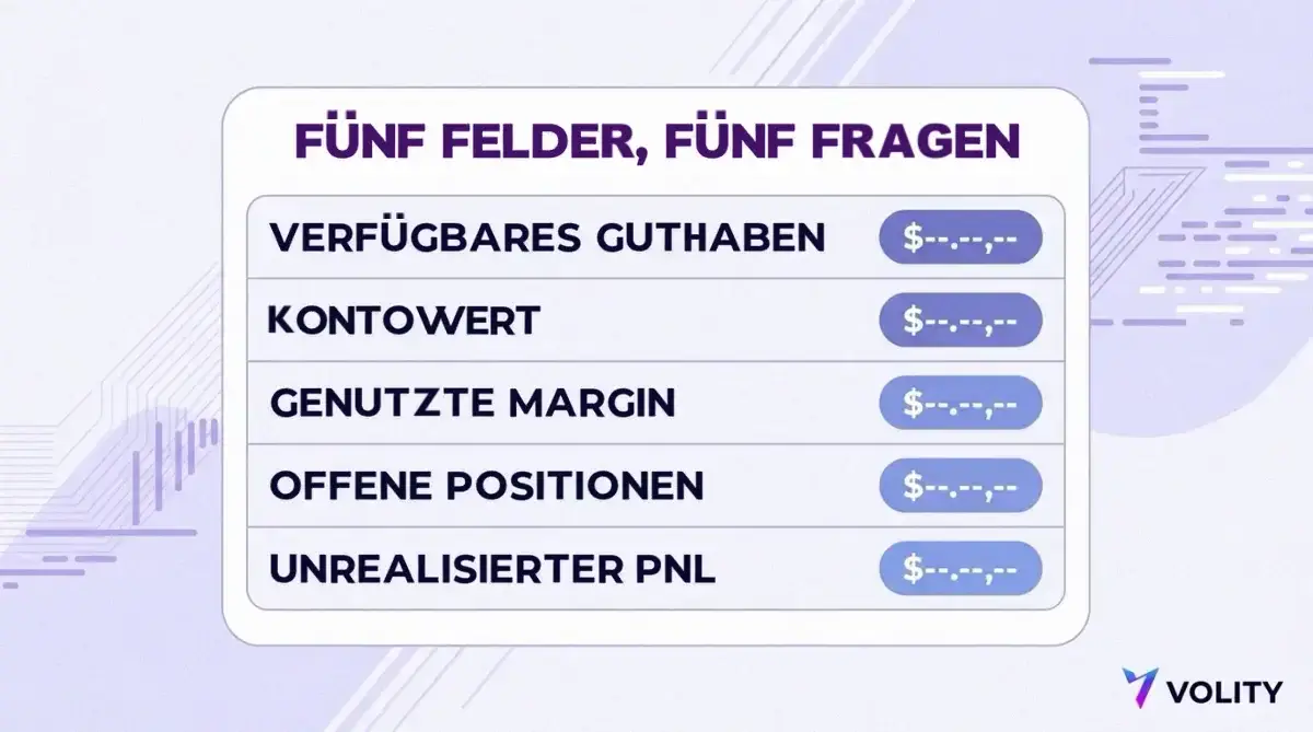 Diagramm eines Positionspanels mit verfügbarem Guthaben, Kontowert, genutzter Margin, offenen Positionen und unrealisiertem Gewinn und Verlust als fünf getrennten Feldern