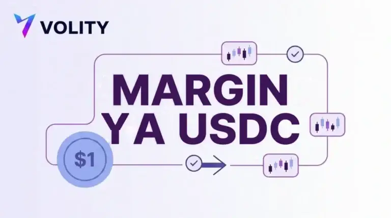 Jalada la Volity lenye kichwa MARGIN YA USDC na sarafu ya dola pamoja na kadi za candlestick