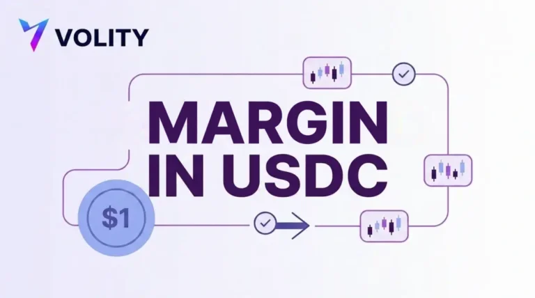 Titelbild: MARGIN IN USDC mit Volity-Logo, Dollar-Muenze und Kerzenchart-Kacheln