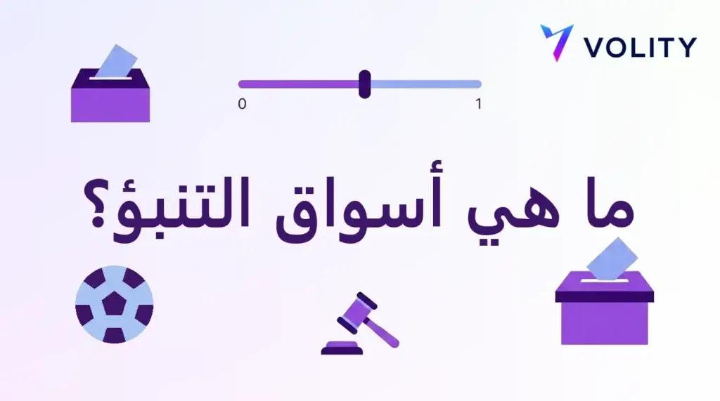 بطاقة عنوان من Volity مكتوب عليها ما هي أسواق التنبؤ مع شريط احتمال من 0 إلى 1 وصندوق اقتراع ومطرقة قضاء وكرة قدم
