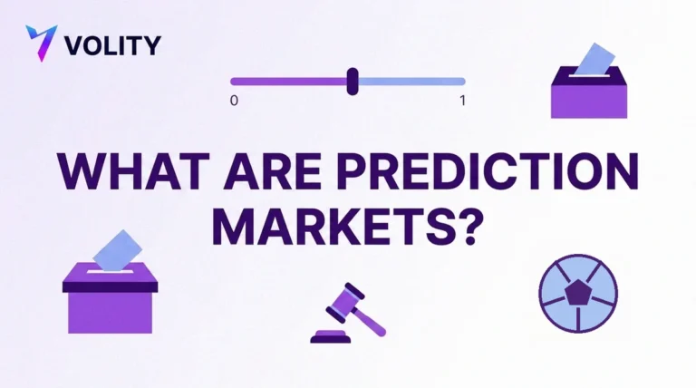 Volity title card reading what are prediction markets with a probability slider from 0 to 1, a ballot box, a gavel and a ball