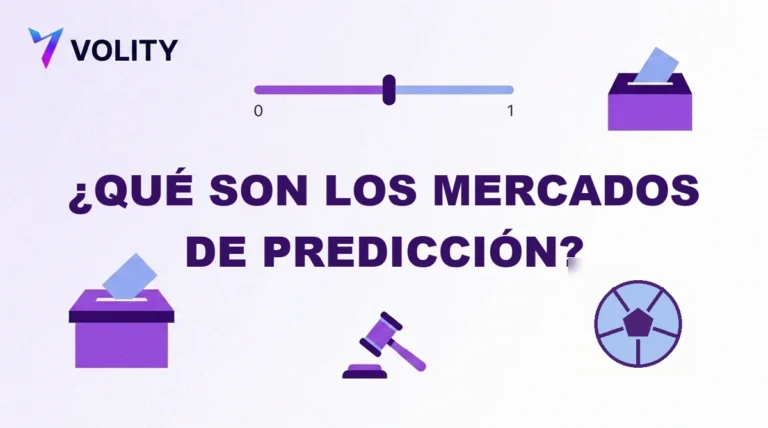 Tarjeta Volity con el titular que son los mercados de prediccion, un deslizador de probabilidad de 0 a 1, una urna, un mazo y un balon