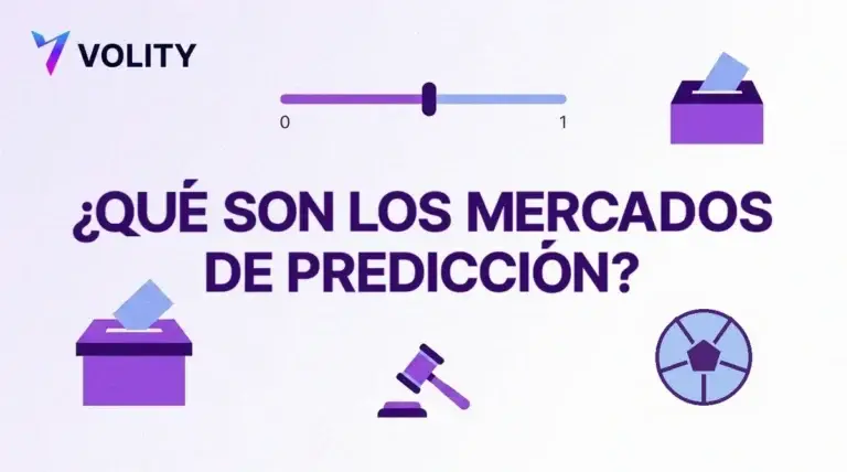 Tarjeta Volity con el titular que son los mercados de prediccion, un deslizador de probabilidad de 0 a 1, una urna, un mazo y un balon