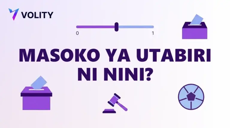 Kadi ya jalada yenye kichwa cha Kiswahili kuhusu masoko ya utabiri, sanduku la kura, nyundo na mpira wa miguu