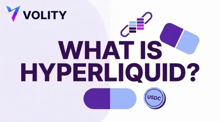 Volity title card reading what is Hyperliquid with an order book ladder inside a chain link, a two-sided panel and a USDC coin