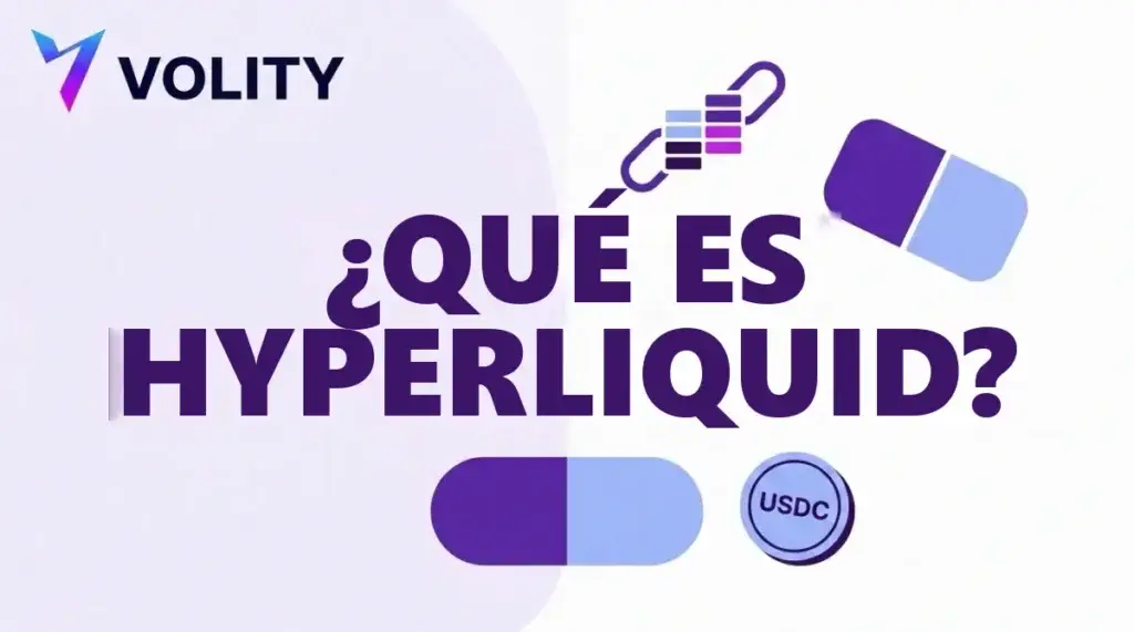 Tarjeta de Volity con el titular que es Hyperliquid, una escalera de libro de ordenes dentro de un eslabon de cadena, un panel de dos lados y una moneda USDC
