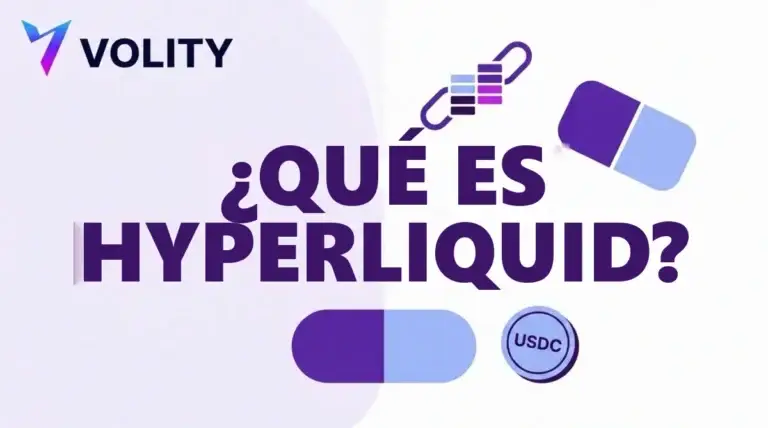 Tarjeta de Volity con el titular que es Hyperliquid, una escalera de libro de ordenes dentro de un eslabon de cadena, un panel de dos lados y una moneda USDC